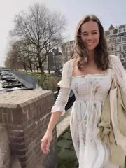 LIZAKOSHT  -  Spring and Summer Pleated Square Neck Puff Sleeve Floral Print Long Dress for Women