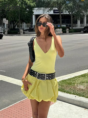 LIZAKOSHT - Yellow Ruffled Hem Patchwork Dress For Women Sexy Off Shoulder V Neck Backless Sling Dresses 2024 Chic Lady High Street Robes