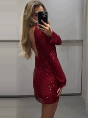 LIZAKOSHT - Large Backless Sequins Dress Red Shiny Diamond Cut Out Socialite Party Gown Sexy Long Sleeved Female Short Wrap Hip Dresses