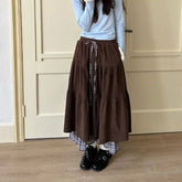 LIZAKOSHT - Corduroy Vintage Long Skirt Japanese Preppy Plaid Patchwork High Waist Women Skirts Harajuku Retro Loose Casual Sweet Cake Skirt