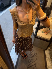 LIZAKOSHT - Brown Wide Shoulder Strap Square Collar Lace Up Top Single Breasted Waist Cinching Cropped Vest Women Summer Casual Tops