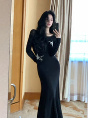 LIZAKOSHT - Elegant Solid Embroidery Long Dress Women Spring Autumn Package Hip Mermaid Knitted Vestidos Ladies Evening Party Robe New