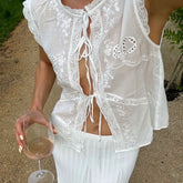 LIZAKOSHT - Sleeveless Lace-up Summer Blouse Cotton Floral Embroidered lace Blouses Shirts Women Tops Vintage Boho Beach Wear Casual Blusas