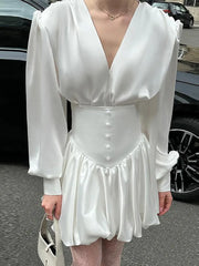 LIZAKOSHT - Solid Satin Women Mini Dresses Elegant V Neck Long Lantern Sleeve High Waist Female Short Dress Autumn New Fashion Lady Vestidos