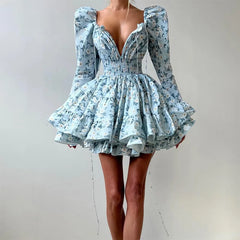 LIZAKOSHT  -  Floral Print Dress For Women Autumn Sexy Deep V Nekc Bandage Long Sleeve Short Dresses Lace Up Elegant Ruffle Dress 2025