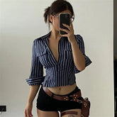 LIZAKOSHT - Shirt Striped Lapel Revealing Navel Waist Design Sexy Cropped Top Fashion Shirt Women'S Spring Summer Shirt