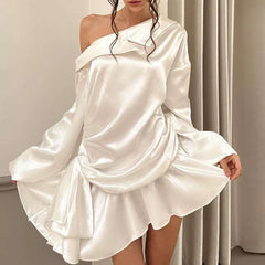 LIZAKOSHT - New Autumn Satin Irregular Women's Dress Sexy Slanted Collar Long Sleeved Party Dress White Lace Up Pleated Short Dress Vestidos