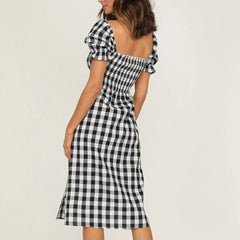 LIZAKOSHT - Womens Spring Cotton Plaid Check Puff Sleeve Midi Dress Ladies Summer Holiday Beach Split Sundress For Free Shipping