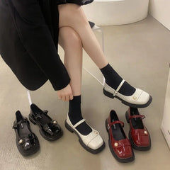 LIZAKOSHT - Shoes for Woman Pearl Mary Jane Women's Summer Footwear Square Toe Red Gothic Japanese Style Lolita Low Heel Elegant Casual