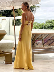 LIZAKOSHT - Knitted Sexy Backless Bandage Women Dress Yellow Spaghetti Strap Evening Dress Spring Slim Elegant Vacation Beachwear