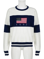 LIZAKOSHT - Preppy Style Flag Printed Knitted Pullovers Casual O-Neck Long Sleeve Sweater Women Autumn Winter Fashion Streetwear