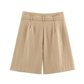LIZAKOSHT - 3 colors Summer Tie Bow Sashes High Waist Causal Shorts Women Wrinkle Loose Straight Short Pants Trousers Bottom Vintage Khaki