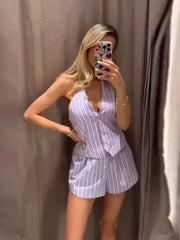 LIZAKOSHT - Striped Women's Two Piece Suit Halter Lace Up Sleeveless V-neck Single Breasted Top Short Pants 2025 Summer Lady Causal Outfits