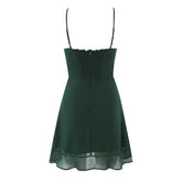 LIZAKOSHT - French Style Retro Dark Green V neck Corset Style Sling Dress Women Elastic Back Ruffles Hem Short Dresses Summer Robe Vestidos