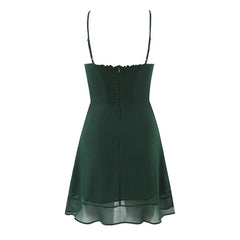 LIZAKOSHT - French Style Retro Dark Green V neck Corset Style Sling Dress Women Elastic Back Ruffles Hem Short Dresses Summer Robe Vestidos