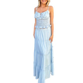 LIZAKOSHT - 2 Piece Set Women Outfit Sexy Solid Color Tie Up Front Sleeveless Crop Tops and Long Skirts 2000s Clothing Streetwear
