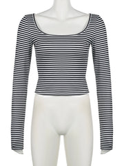 LIZAKOSHT - Casual Basic Striped T Shirt Autumn Winter Square Collar Long Sleeve Tees Women 2024 Fashion Streetwear Underwear Lady