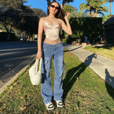 LIZAKOSHT - Ruched Drawstring Cargo Women Pants Y2K Blue Classic Jeans Retro Sashes Denim Pants Women Big Pockets Trousers Streetwear