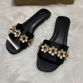 LIZAKOSHT - Brand Summer Women Flat Slides Flower Decoration Black Open Toe Vacation Female Beach Shoes Outside Plus Size Modern Slippers