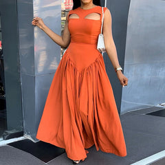 LIZAKOSHT - Women O Neck Summer Sleevelss Cut Out Low Waist Elegant Holiday Party Pleated A Line Sundress Chic Elastic Femme Maxi Robe