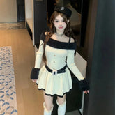 LIZAKOSHT - Women Knitted Mini Dress Autumn Hottie Slash Neck Patchwork Fashion Camisole Dresses Off Shoulder Belt Button Casual Vestidos