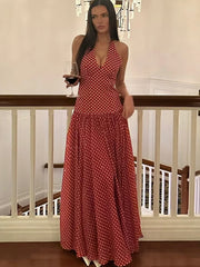 LIZAKOSHT - Modern Hipster Women Maxi Dress Elegant Point Print Halter V-neck Backless Bodycon Female High Street Festival Vestidos
