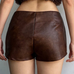 LIZAKOSHT - Motorcycle Style Faux Pu Leather Hole High Waist Vintage Summer Vintage Club Hot Sexy Short Pants Tight Slimming Bottoming