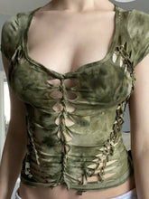 LIZAKOSHT - Grunge Fairycore Tie Dye Print Hollow Out T Shirt Slim Square Collar Short Sleeve Tees Women Summer Streetwear Lady