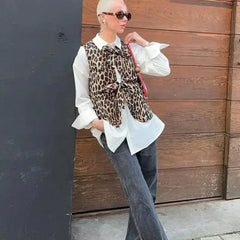 LIZAKOSHT  -  Women's Autumn Spring Top Coat Vest Leopard Print Tie Comfortable Casual Design Fashion Advanced Soft Niche Versatile Skinny