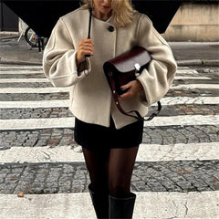 LIZAKOSHT - Fashion Beige Woolen One Button Short Coat for Women Autumn Winter O-neck Long Sleeve Thicken Jacket Lady Overcoat