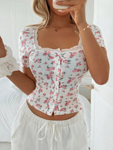 LIZAKOSHT - Woman Clothes Y2K T-shirts Square Collar Short Sleeve Floral Print Slim T Shirt Girls Buttons Lace Patchwork Crop Tops