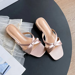 LIZAKOSHT - new summer silk slippers women bowtie narrow band sandalias mujer low heel party slides shoes 35-43 big size pink flip flop