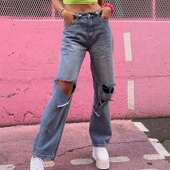 LIZAKOSHT - Women Fashion Harajuku Harem Korean Wide Leg Trousers Casual Ripped Hole Jeans Straight Denim Pants High Waist Streetwear