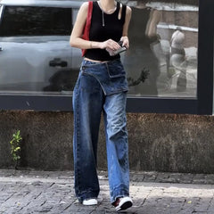 LIZAKOSHT - Women Casual Eclectic Waif 2000s Jeans American Vintage Patchwork Jeans Y2K Harajuku Street Style Washed Pockets Denim Trouser