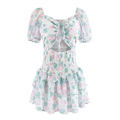 LIZAKOSHT  -  Floral Print Chiffon Summer Dress 2024 Women Vintage Puff Sleeve Drawstring V Neck Short Holiday Dresses Hollow Out Robe
