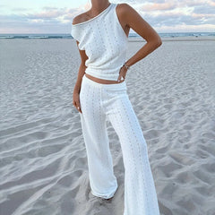 LIZAKOSHT - Casual Sleeveless Hollow Backless Tie-up Sets Elegant Slant Neck Tops & Long Pant Suits Women Fashion Knitted Solid 2Pc Outfits