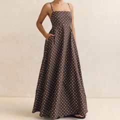 LIZAKOSHT - Women Vintage Maxi Dress Dot Print Sleeveless Spaghetti Strap A Line Dress with Pockets Elegant Backless Long Dress