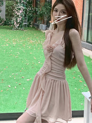 LIZAKOSHT - Summer Pink Elegant kawaii Dress Women Chiffon Korean Fashion Party mini Dress Female sexy casual Sweet Suspender Dress New