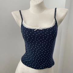 LIZAKOSHT - Brandy & Mandy Floral Lace Bow Halter Slim Tank Top Sweet Camisole Summer Fashion