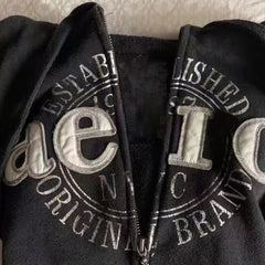 LIZAKOSHT  -  Grunge American Retro Jacket Vintage Design Black Hooded Sweatshirt Spring Autumn Y2k Clothing Slim Tops Letter Sweatshirts New