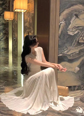 LIZAKOSHT - Dress High Quality V-Neck High Waist Sleeveless Summer New Elegant Party Pleats Long Dresses For Women 2024 Holiday Female Dress