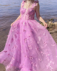 3D Butterfly Tulle Prom Dresses for Women 2024 Lace Applique Princess Long Ball Gown with Slit Graduation School Party Gown