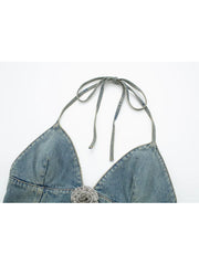 LIZAKOSHT - Women Blue Backless Denim Camis Summer Vintage Ladies Halterneck Sleeveless Solid Color Camis Female Crop Tops