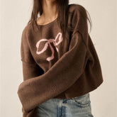 LIZAKOSHT - Coquette Womens Bow Sweater Loose Crew Neck Wide Long Sleeve Pullover Knit Tops Casual Streetwear for Spring Fall Aesthetic