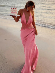 LIZAKOSHT - V-Neck Lace Patchwork Long Dress For Women See-Through Backless Lace-Up High Waist Party Dress Female Bandage Maxi Dress