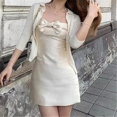 LIZAKOSHT - Ladies Daughter Wind Suspender Skirt Female French Bow Satin High Waist Short A-line Skirt Dress