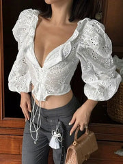 LIZAKOSHT - Sexy Cotton Embroidered Hollow White Shirt Women's Bubble Sleeves V-neck Lace-up Irregular Waist Top