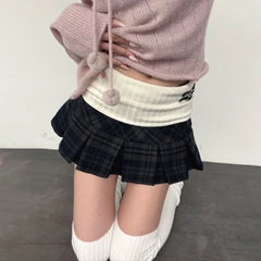 LIZAKOSHT - Waistband Contrast-Color Patchwork Plaid Skirt Sweet Casual Women's Low-Waist Mini Skirt Preppy Style Korean Skirts New