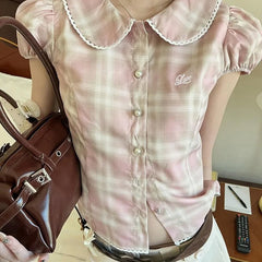 LIZAKOSHT - Kawaii Sweet All Match Peter Pan Collar Slim Waist Blouse Y2k Aesthetic Constrast Color Plaid Single Breasted Shirts Casual Tops