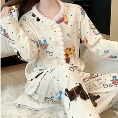 LIZAKOSHT - Coral Fleece Pajamas Women Autumn Winter Print Thickened Plush Sleepwear Cardigan Suit Warm Soft Homewear Long Sleeves Pajamas